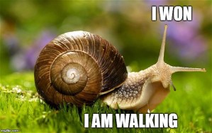 snail walking with victory sign
